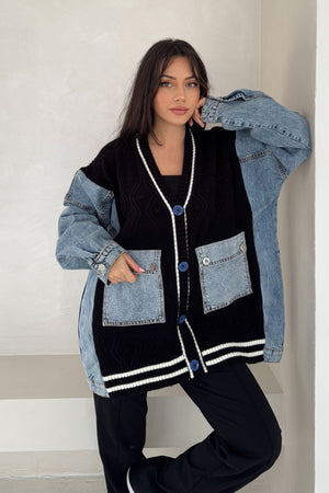 Oversize Jean Cep Ve Kol Detaylı Örme Triko Hırka - Siyah