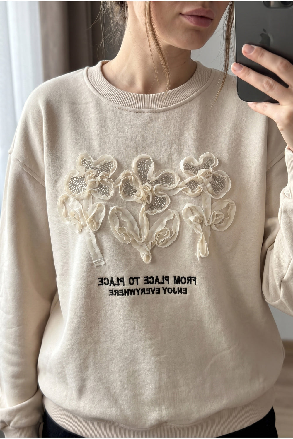 Nakış Ve Boncuk İşlemeli %100 Pamuk Sweatshirt - Bej