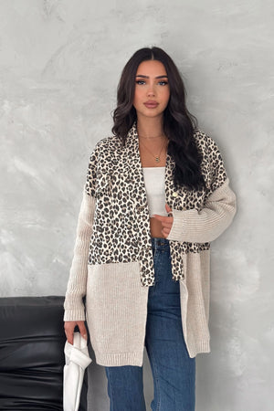 Kadın Haki Leopar Desen Standart Beden Triko Detaylı Tasarım Oversize Kot Ceket - Açık Haki