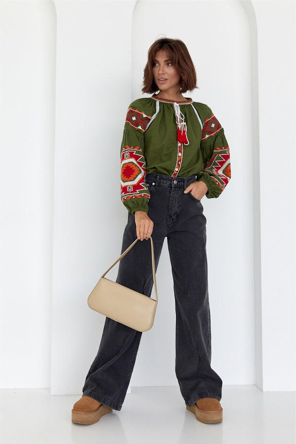Püsküllü Geometrik Nakış İşlemeli Pamuklu Gömlek - Yeşil