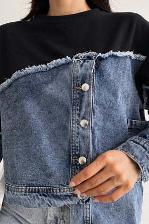 Asimetrik Düğmeli Kot Detaylı Tasarım Sweatshirt - Lacivert