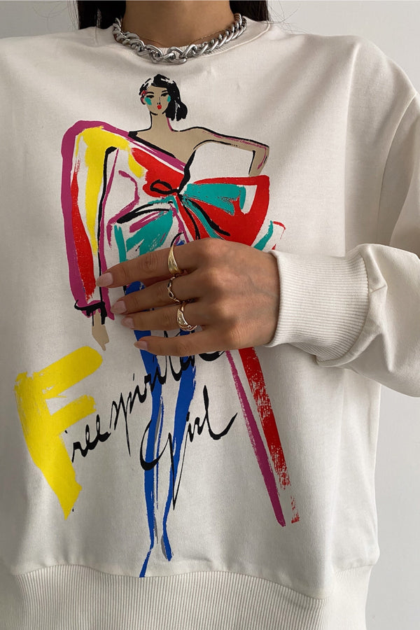 Kadın Yeni Sezon Baskılı İçi Pamuklu Sweatshirt - Beyaz