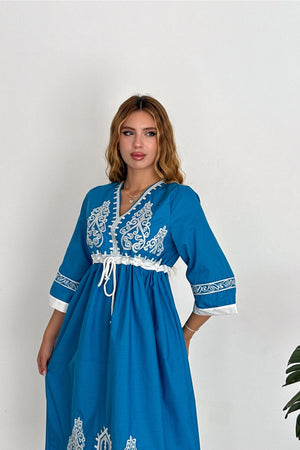 Kadın Lastikli Nakış İşlemeli Elbise - Mavi