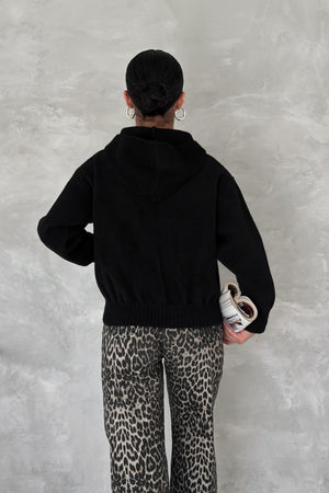 Kadın Standart Beden Kapüşonlu Peluş Triko Sweatshirt - Siyah