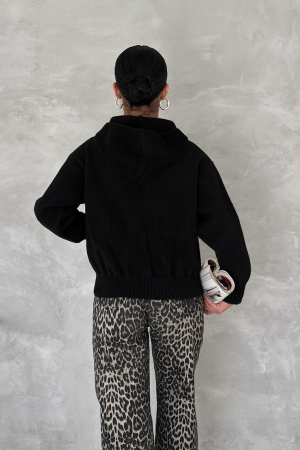 Kadın Standart Beden Kapüşonlu Peluş Triko Sweatshirt - Siyah