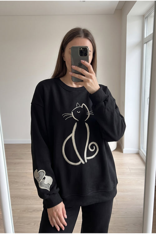 Kedi Nakışlı Boncuk İşlemeli %100 Pamuk Sweatshirt - Siyah