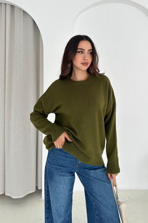 Kadın Standart Beden Oversize Basic Triko Kazak - Haki