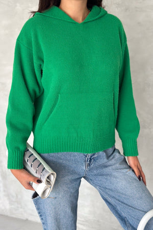 Kadın Standart Beden Kapüşonlu Peluş Triko Sweatshirt - Yeşil