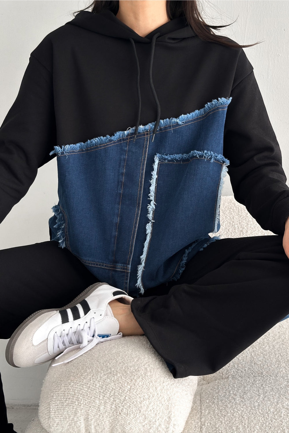 Denim Kot Garnili Kapüşonlu Eşofman Takımı - Siyah