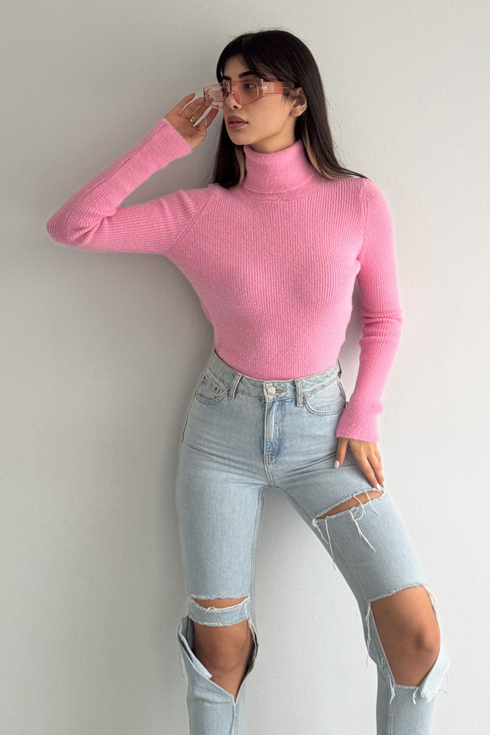 Kadın Standart Beden Peluş Triko Boğazlı Kazak - Pembe