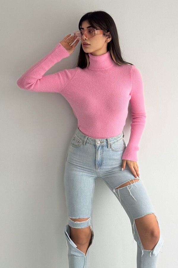 Kadın Standart Beden Peluş Triko Boğazlı Kazak - Pembe