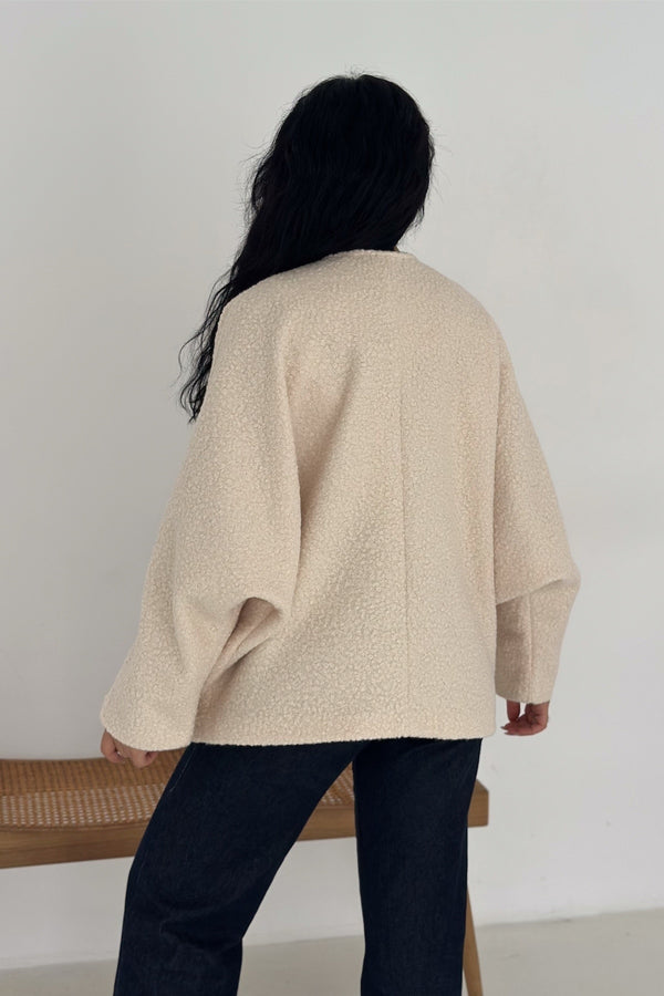 Bürümcük Bağlamalı Oversize Hırka Yarasa Kol Standart Beden - Krem
