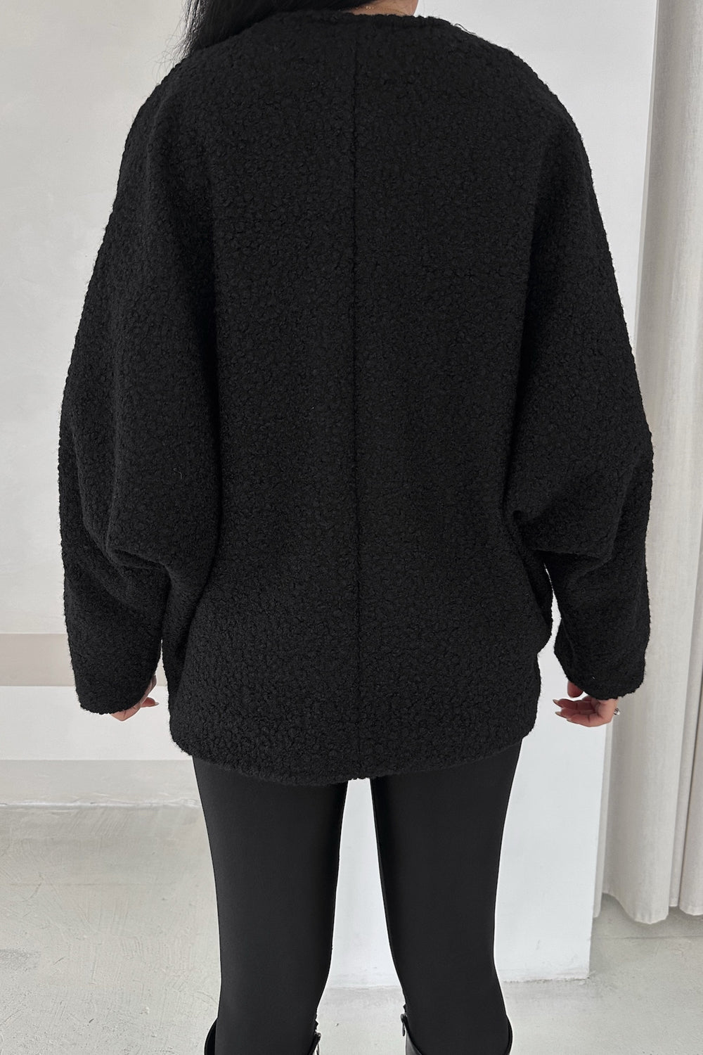 Bürümcük Bağlamalı Oversize Hırka Yarasa Kol Standart Beden - Siyah