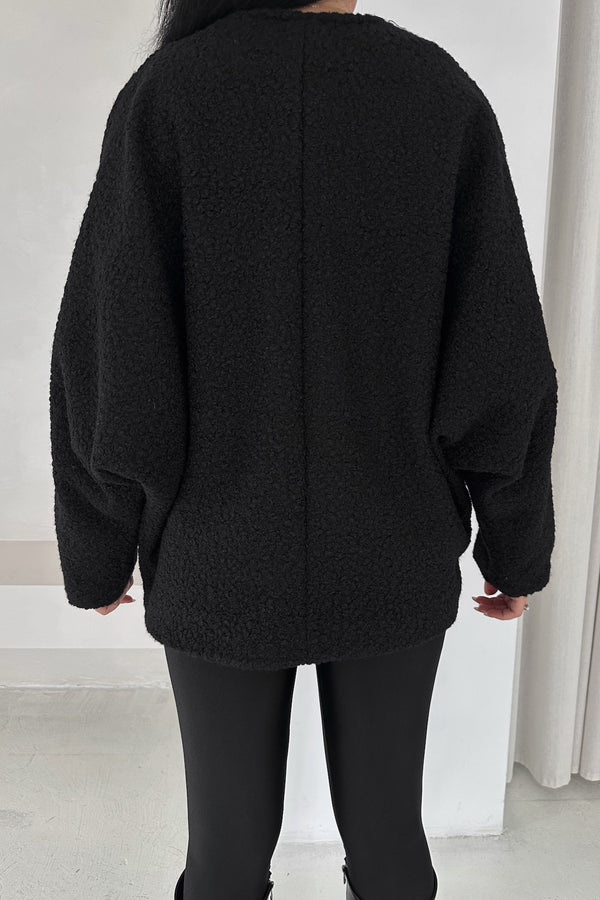Bürümcük Bağlamalı Oversize Hırka Yarasa Kol Standart Beden - Siyah