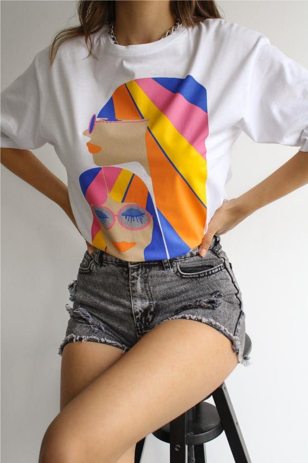 Kadın Baskılı Pamuklu Yeni Sezon T-shirt - Karışık
