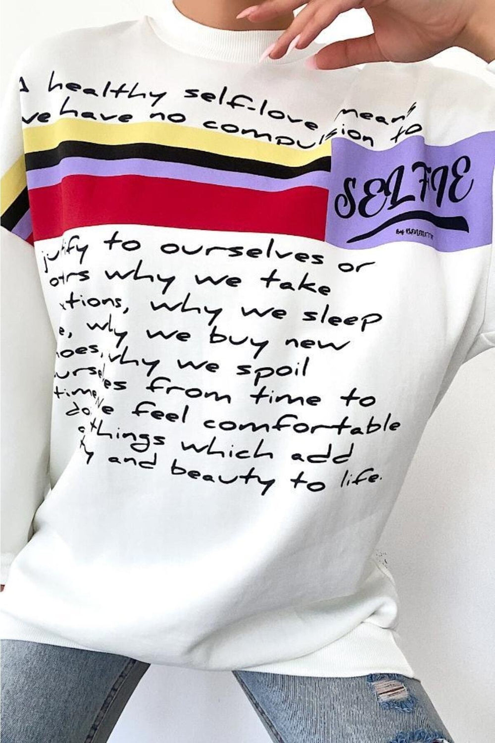 Yeni Sezon Selfie Baskılı Pamuklu Oversize Sweatshirt - Beyaz