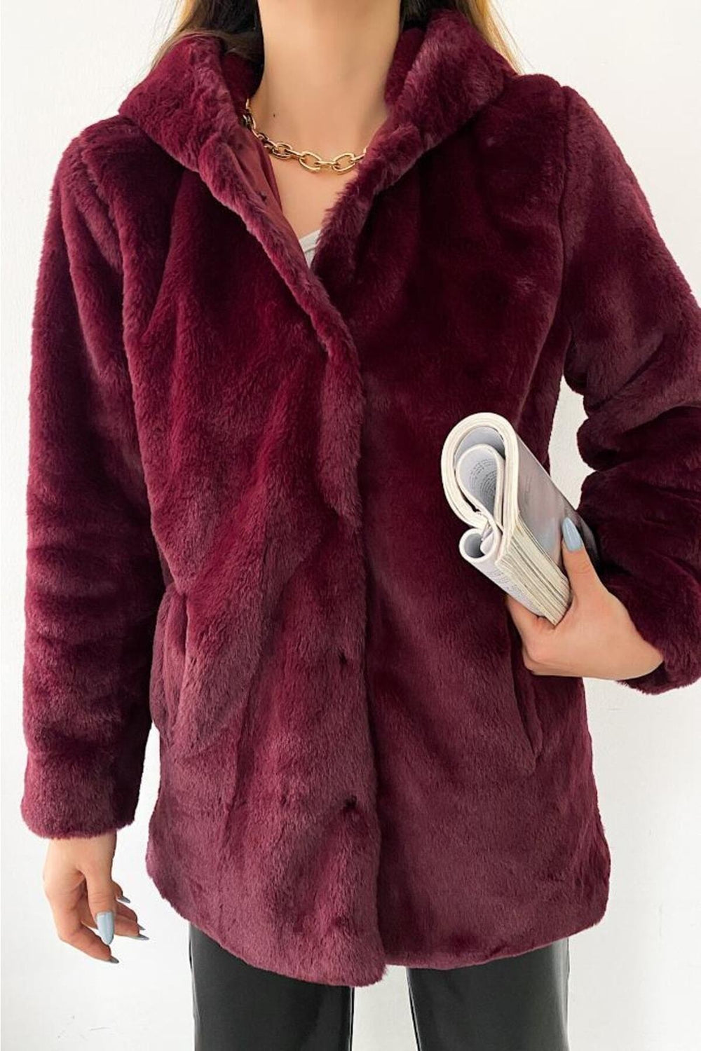 Kadın Astarlı Peluş Kapüşonlu Kürk Kaban Mont Kürk - Bordo