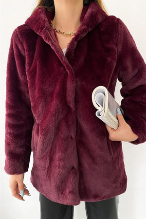 Kadın Astarlı Peluş Kapüşonlu Kürk Kaban Mont Kürk - Bordo