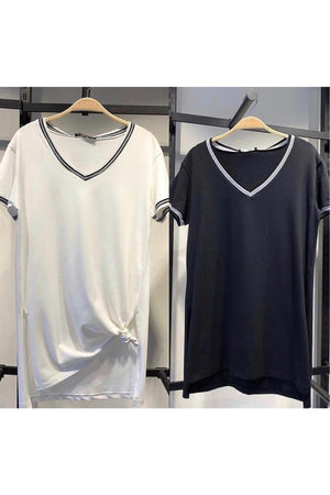 Kadın V Yaka Kolu Ve Yakası Simli Yanı Yırtmaçlı Pamuk T-shirt - Beyaz