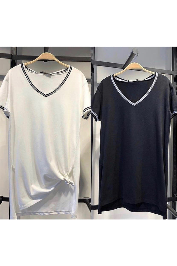 Kadın V Yaka Kolu Ve Yakası Simli Yanı Yırtmaçlı Pamuk T-shirt - Beyaz