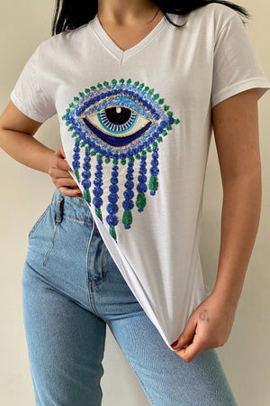 Kadın V Yaka Göz Pul Ve Nakış Işlemeli %100 Pamuk T-shirt - Beyaz