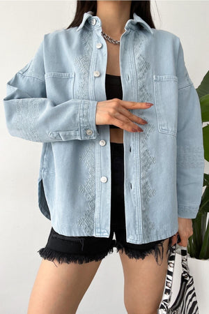 Kadın Buz Yeni Sezon Çift Cepli Standart Beden Nakış Işlemeli Oversize Ceket - Mavi