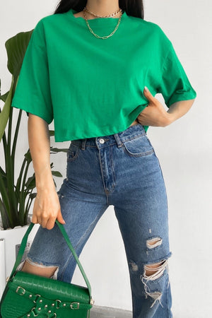 Kadın %100 Pamuk Crop Tişört - Yeşil