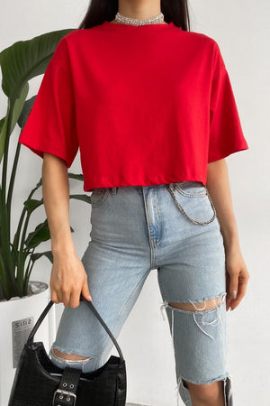 Kadın %100 Pamuk Crop Tişört - Kırmızı