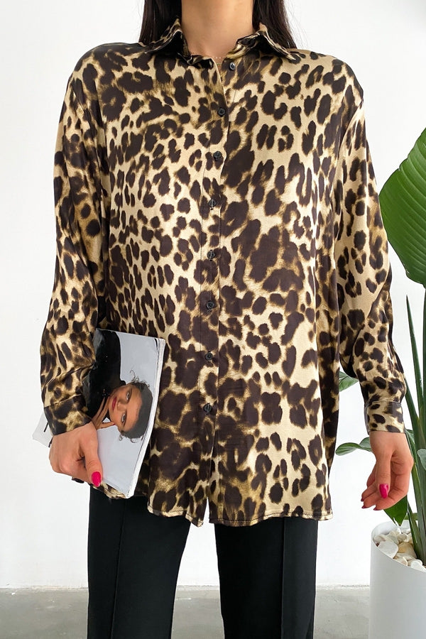 Kadın Yeni Sezon Leopar Desen Salaş Oversize Gömlek - Siyah