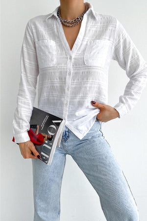 Kadın V Yaka Çift Cepli Katlanır Kol Slim Fit Kalıp Gömlek - Beyaz