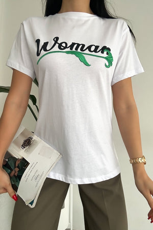 Kadın Nakış Işlemeli Pamuk T-Shirt - Beyaz