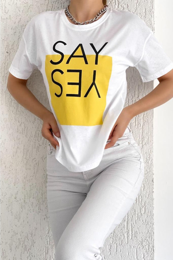 Kadın Bisiklet Yaka Say Yes Baskılı Yeni Sezon Pamuk T-shirt - Beyaz
