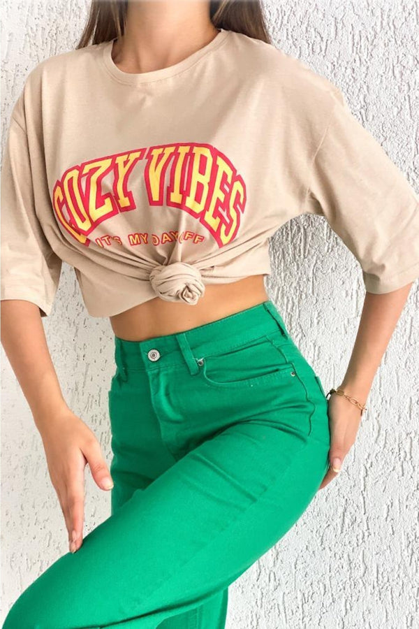 Kadın Cozy Vibes Baskılı Salaş T-shirt - Bej