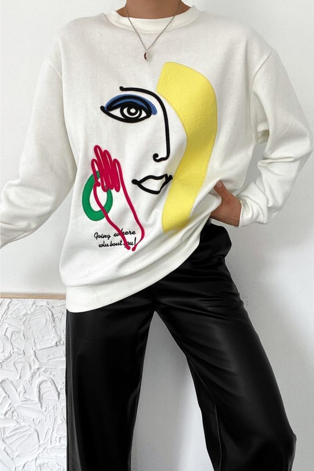 Kalın Içi Polarlı Nakış Işlemeli Kabartmalı Oversize Sweatshirt - Ekru