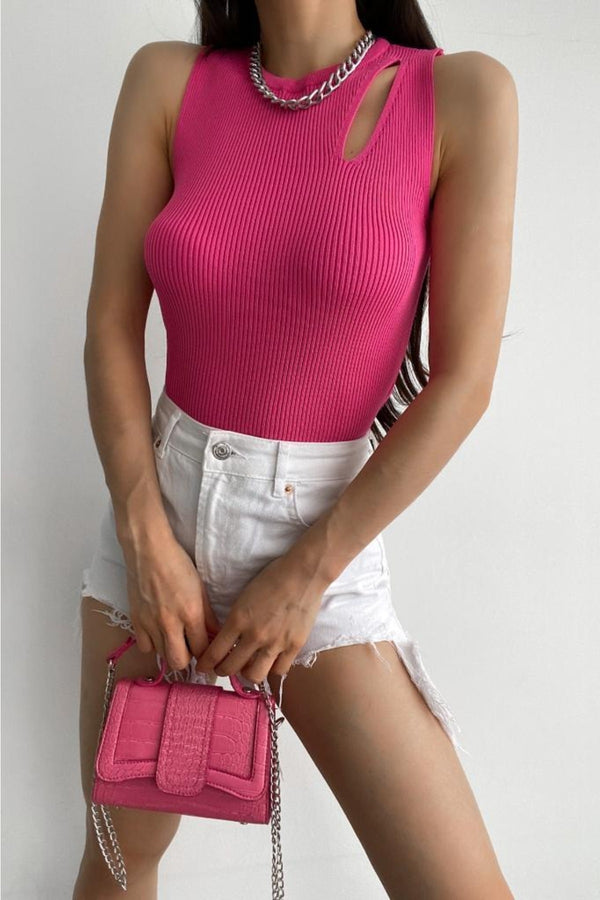 Kadın Standart Beden Likralı Tasarım Triko Bluz - Pembe