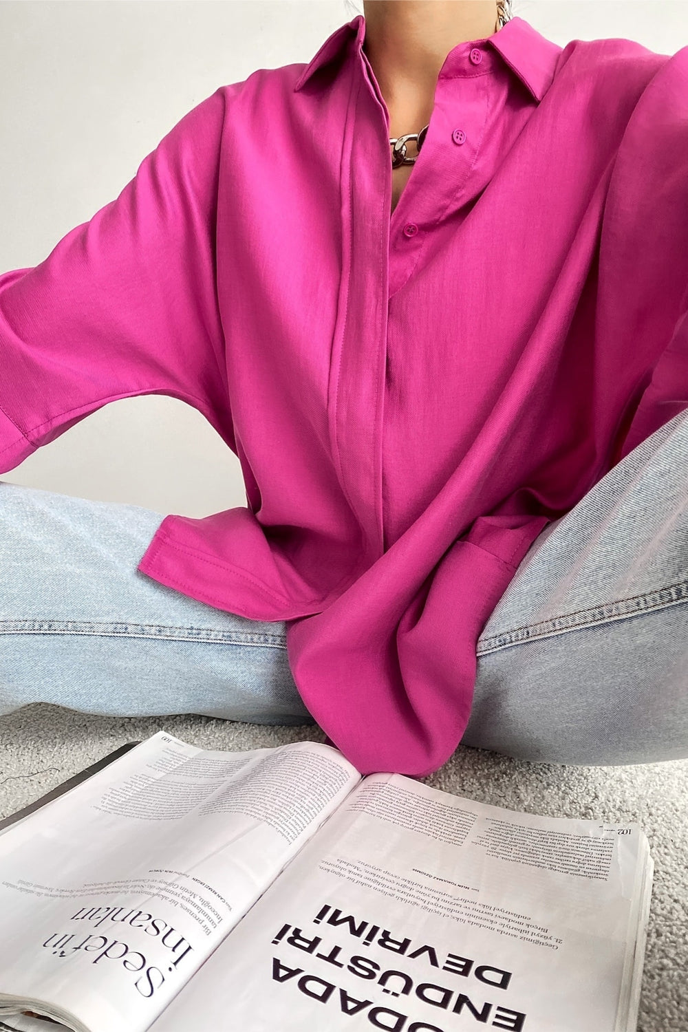 Kadın Gizli Düğmeli Fakir Kol Salaş Oversize Geniş Kalıp %50 Viskon %50 Pamuk Gömlek - Pembe