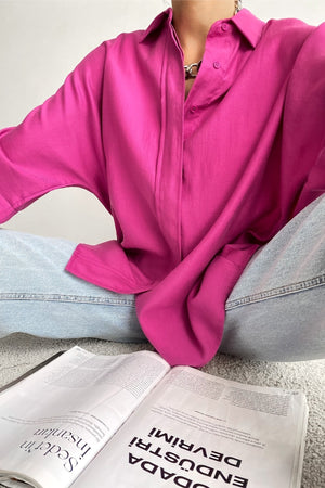 Kadın Gizli Düğmeli Fakir Kol Salaş Oversize Geniş Kalıp %50 Viskon %50 Pamuk Gömlek - Pembe