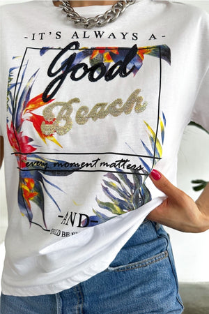 Kadın Yeni Sezon Good Beach Pul Işlemeli Pamuk Tişört - Beyaz