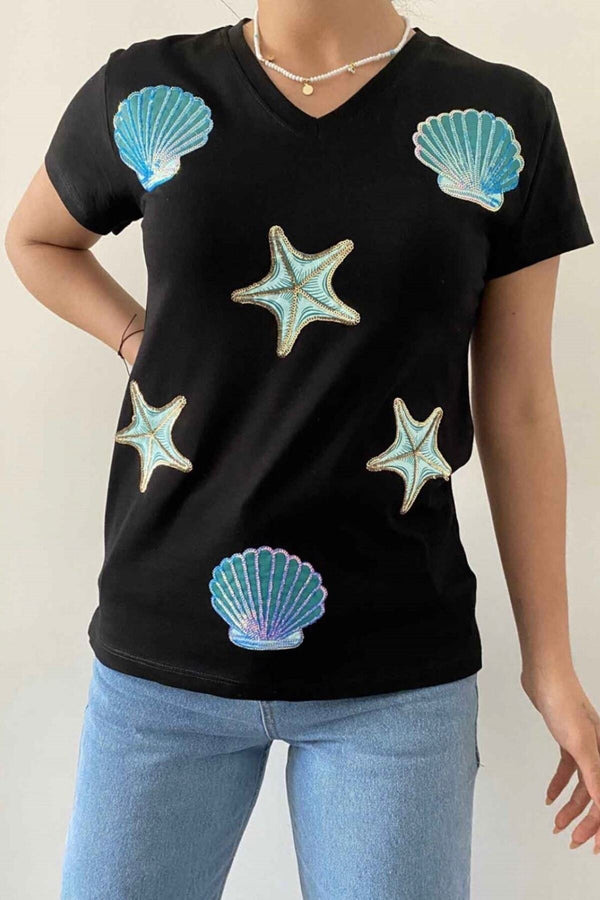 Kadın V Yaka Istiridye Deniz Yıldızı Pul Işlemeli Pamuk T-shirt - Siyah