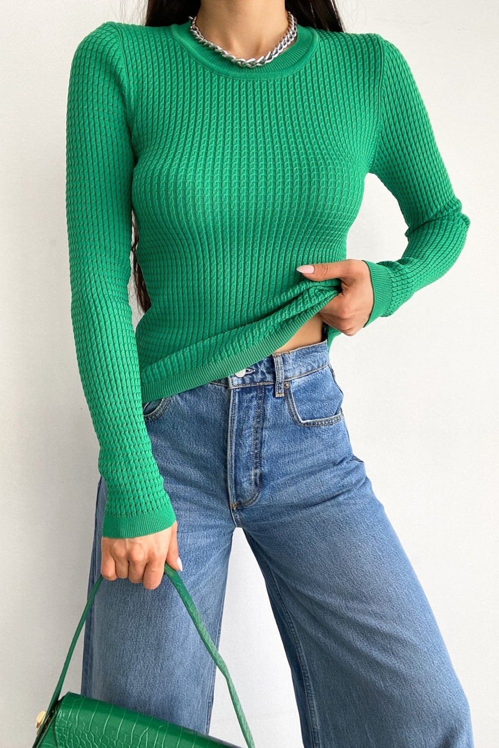Kadın Standart Beden Basic Fitilli Örme Bluz - Koyu Yeşil