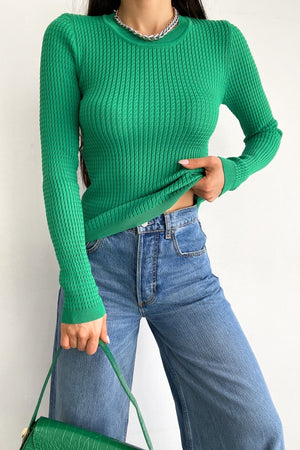 Kadın Standart Beden Basic Fitilli Örme Bluz - Koyu Yeşil