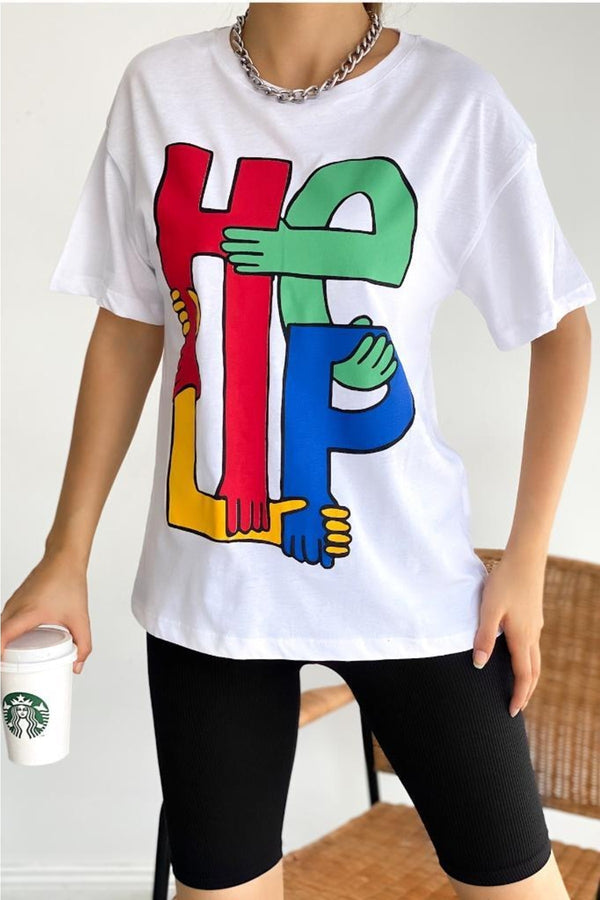 Kadın Bisiklet Yaka Help Baskılı Pamuk T-shirt - Beyaz