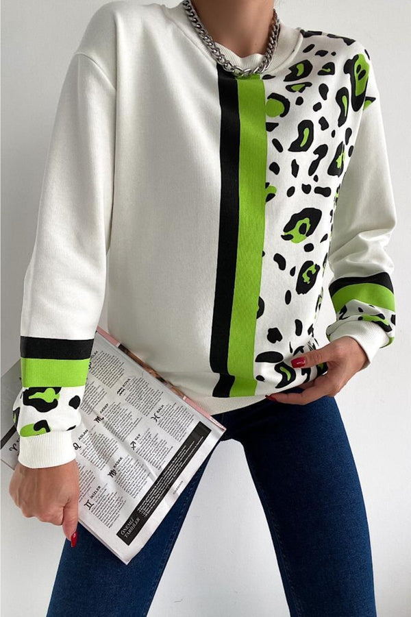 Kadın Leopar Desen Pamuk Sweatshirt - Beyaz