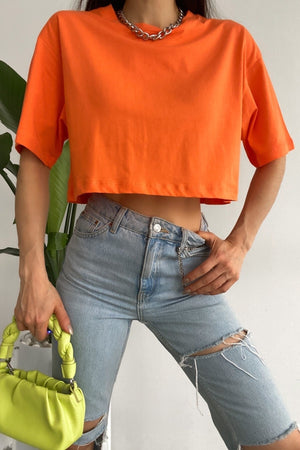 Kadın %100 Pamuk Crop Tişört - Turuncu