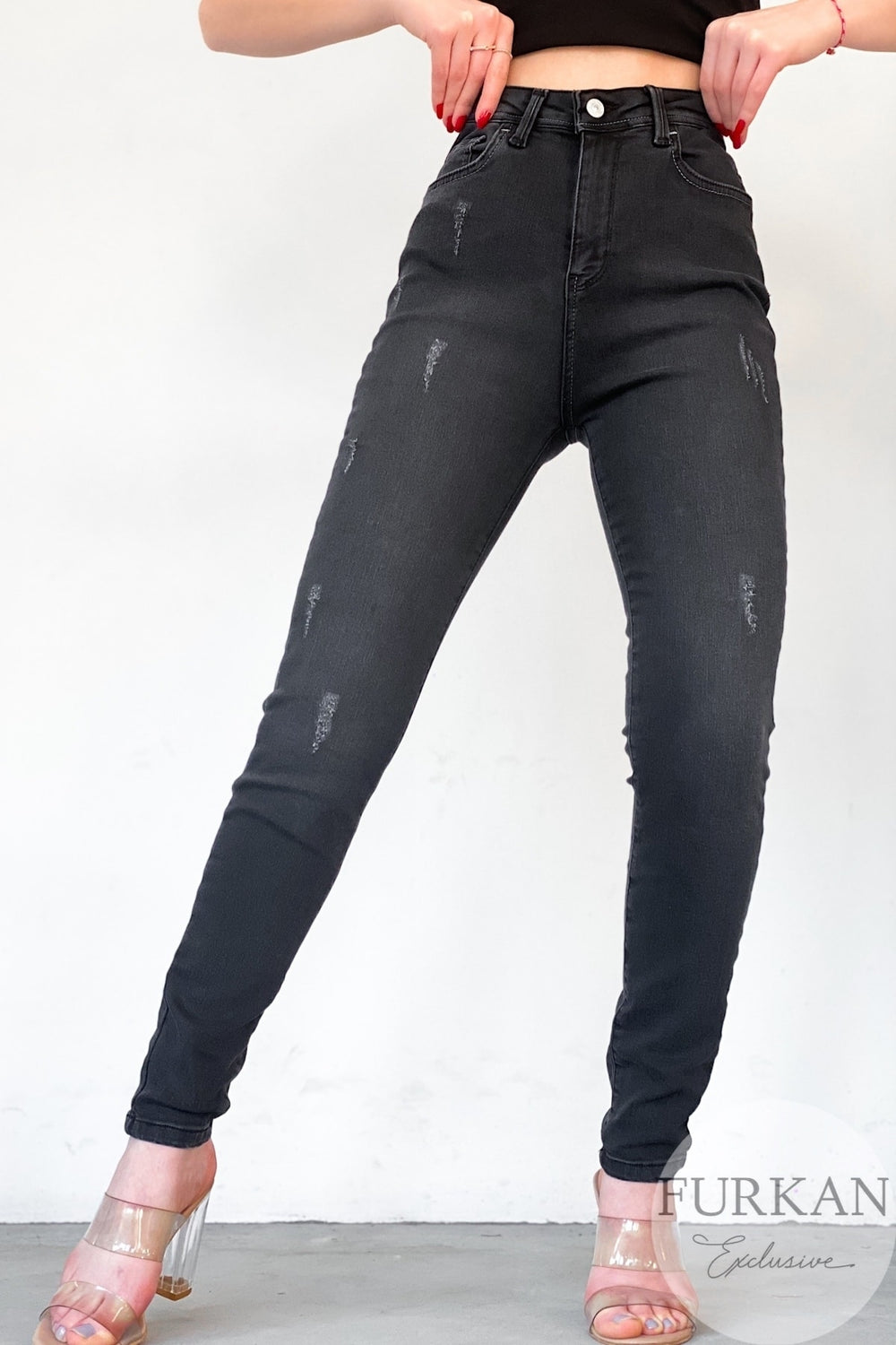 Tırnaklı Yüksek Bel Likralı Jean Pantolon - Füme