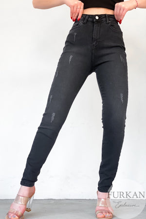 Tırnaklı Yüksek Bel Likralı Jean Pantolon - Füme