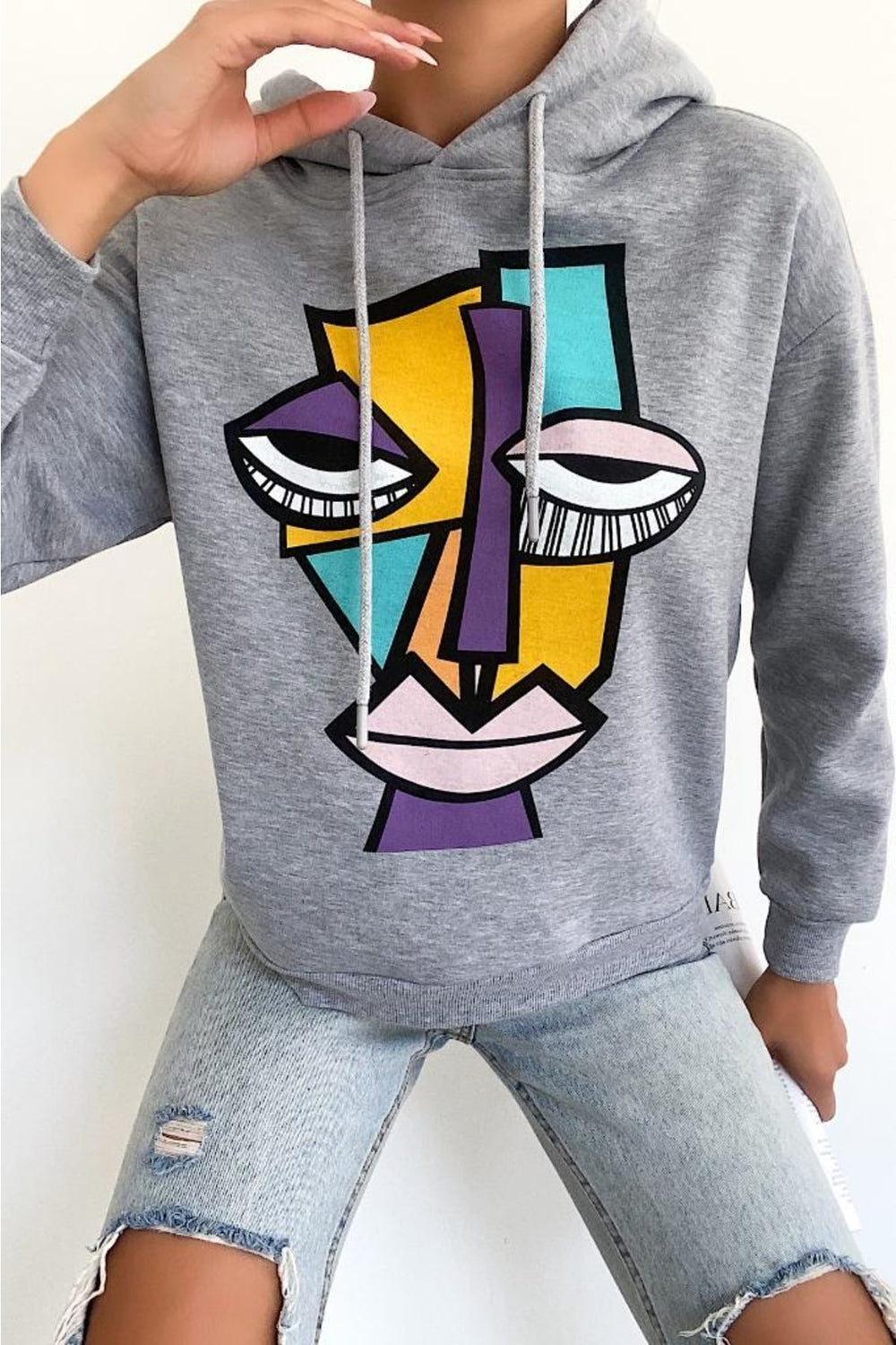Kadın Yeni Sezon Karakter Baskılı Kapüşonlu Pamuklu Sweatshirt - Gri