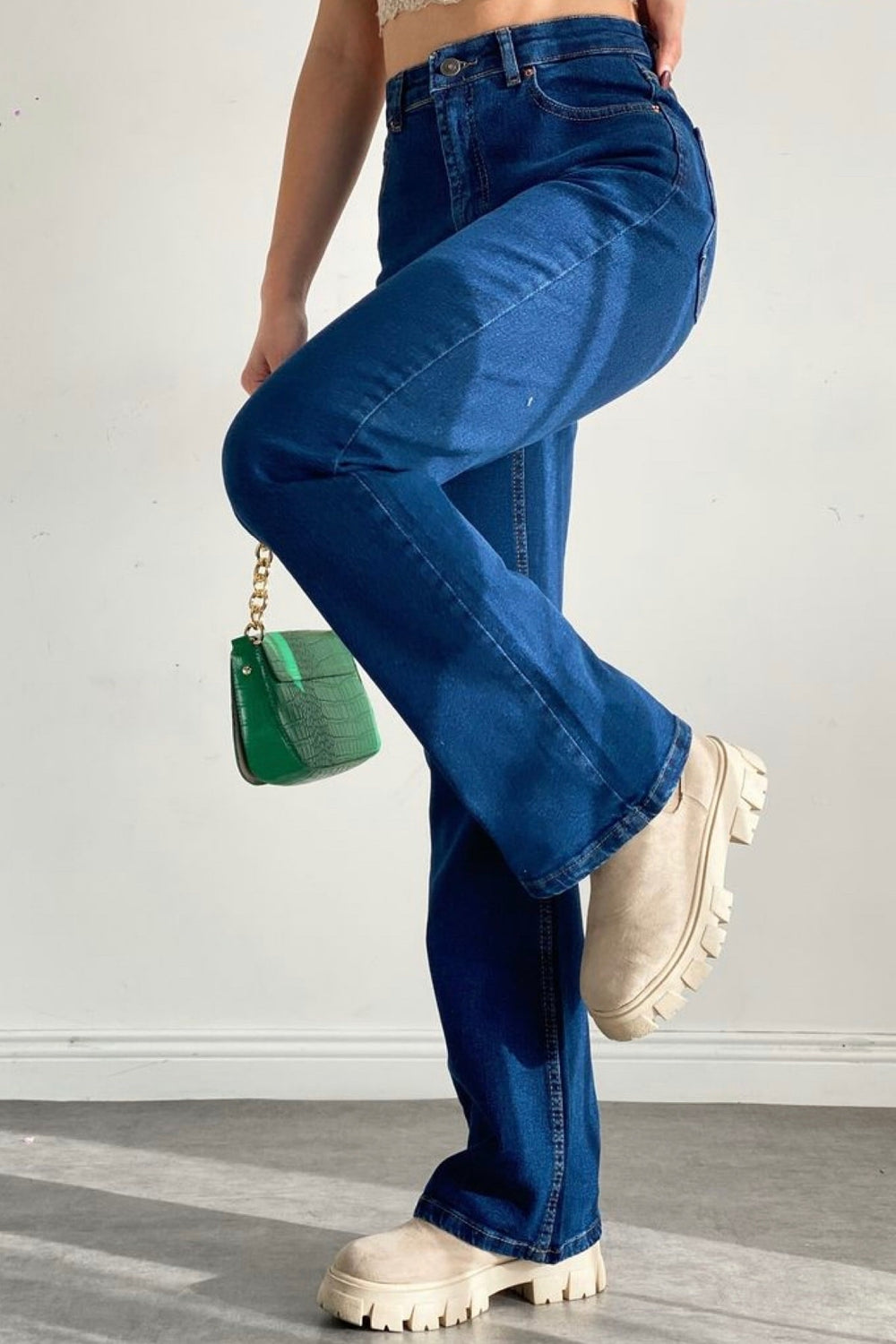 Kadın Likralı Ispanyol Paça Jeans Kot Pantolon - Koyu Mavi