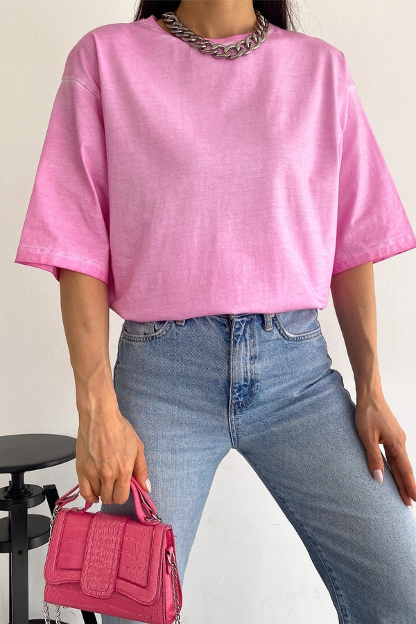 Kadın Yeni Sezon Yıkamalı Salaş Oversize Tişört - Pembe