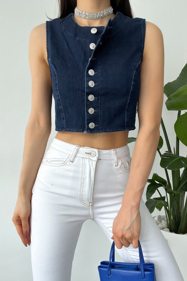 Kadın Denim Düğmeli Crop Kot Kolsuz Bluz - Mavi